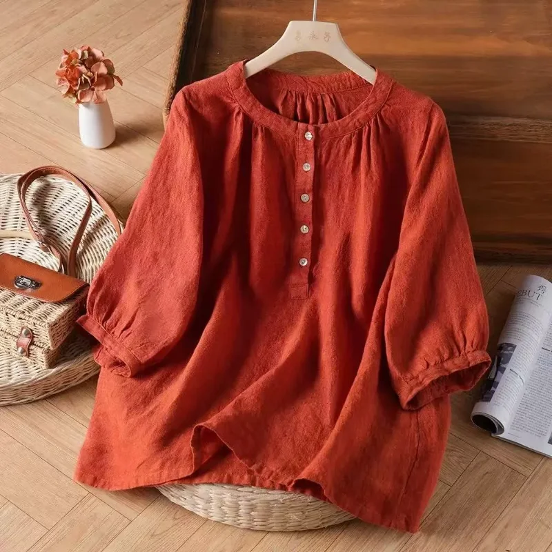 Summer New Literary Retro Solid Color Cotton Linen Half-sleeved Top Loose and Versatile Ethnic Style Round Neck Shirt