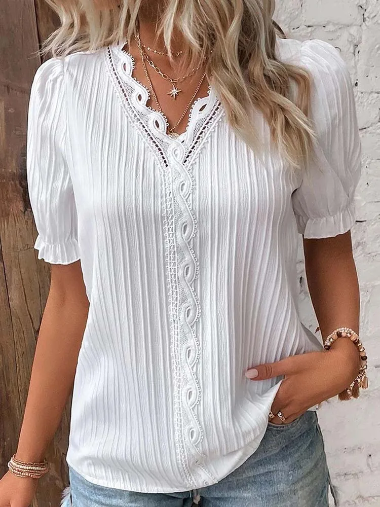 s-5xl Summer V Neck Lace Patchwork Short Sleeve Loose Blouse Women Short Sleeve Lantern Sleeve Patchwork Shirt Tops