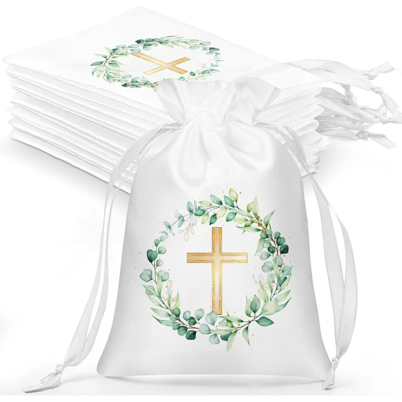 10 bolsas de regalo de satén para bautismo con cordón, bolsas de regalo religiosas de 4x6 pulgadas para recuerdo de fiesta de primera comunión y bautismo