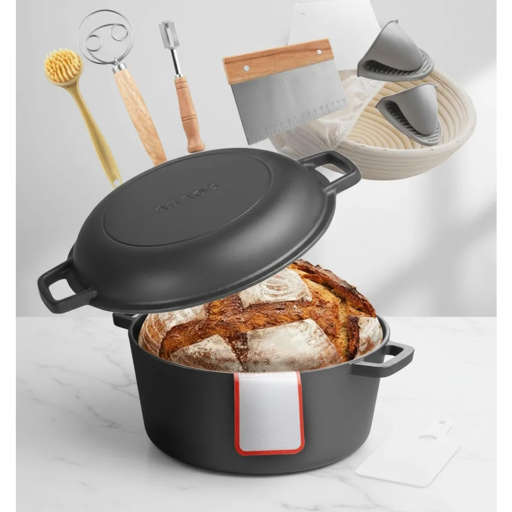 

2-in-1 Cast Iron Dutch Oven with Skillet Lid, 5QT Bread Baking Pot with Proofing Basket & Accessories, 500℉ Oven Safe