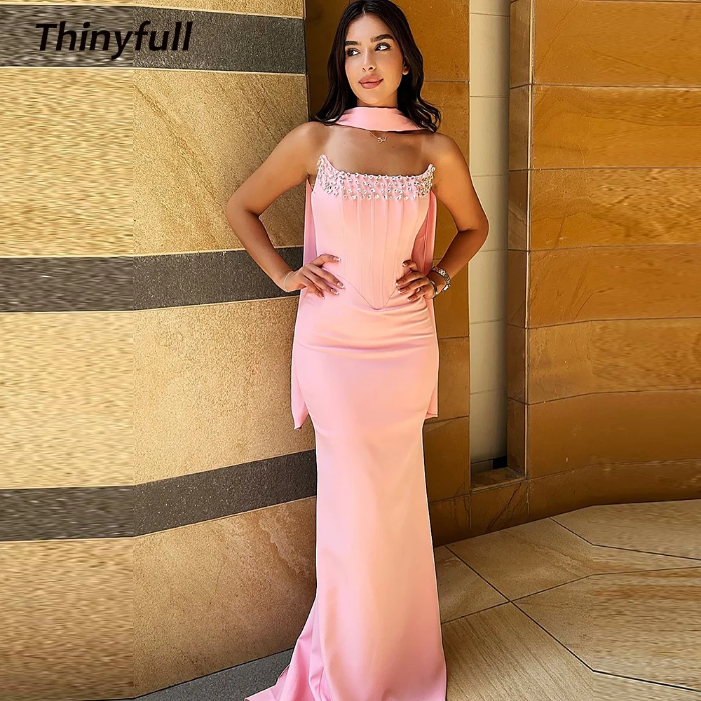 

﻿ Thinyfull Mermaid Satin Arab Prom Dresses Sleeveless Strapless Crystal Evening Dress Formal Gown Robe De Soirée Customized