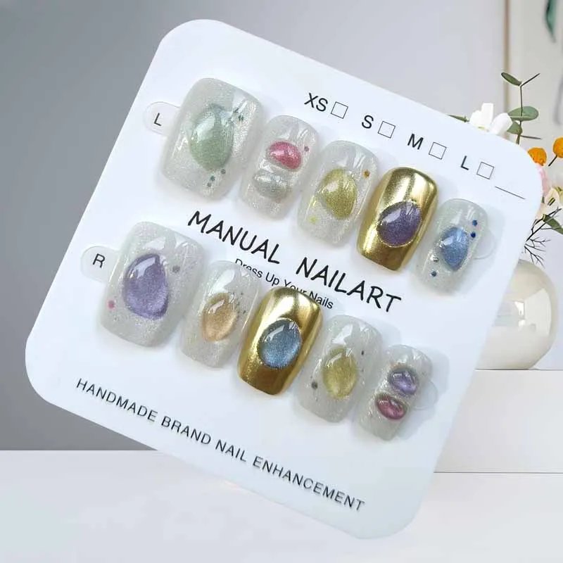10Pcs 3D Rainbow Gemstone With Cat Eyes Light Luxury Press on Nails Temperament Showing Off White Small Fresh Flower Fake Nails