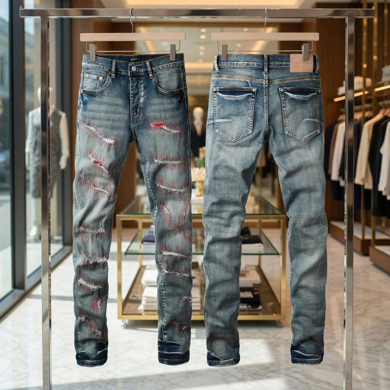 Red Stitch Ripped Slim Jeans Gradient Washed Button Waist Design High Street Fashion Long Pants Men Women Y2K Stock