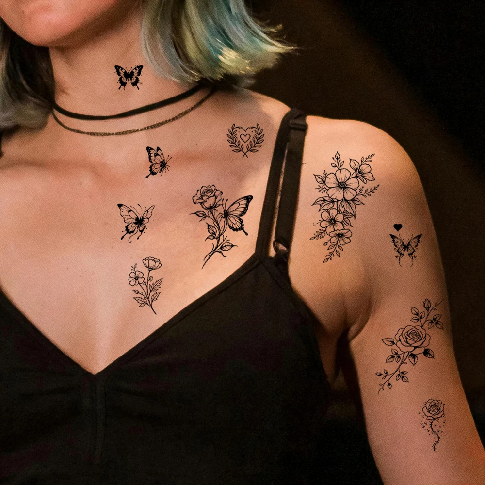 30pcs Black Personalized Tattoo Stickers Flower Plant Butterflies Snake Temporary Tattoos for Women Men Body Art