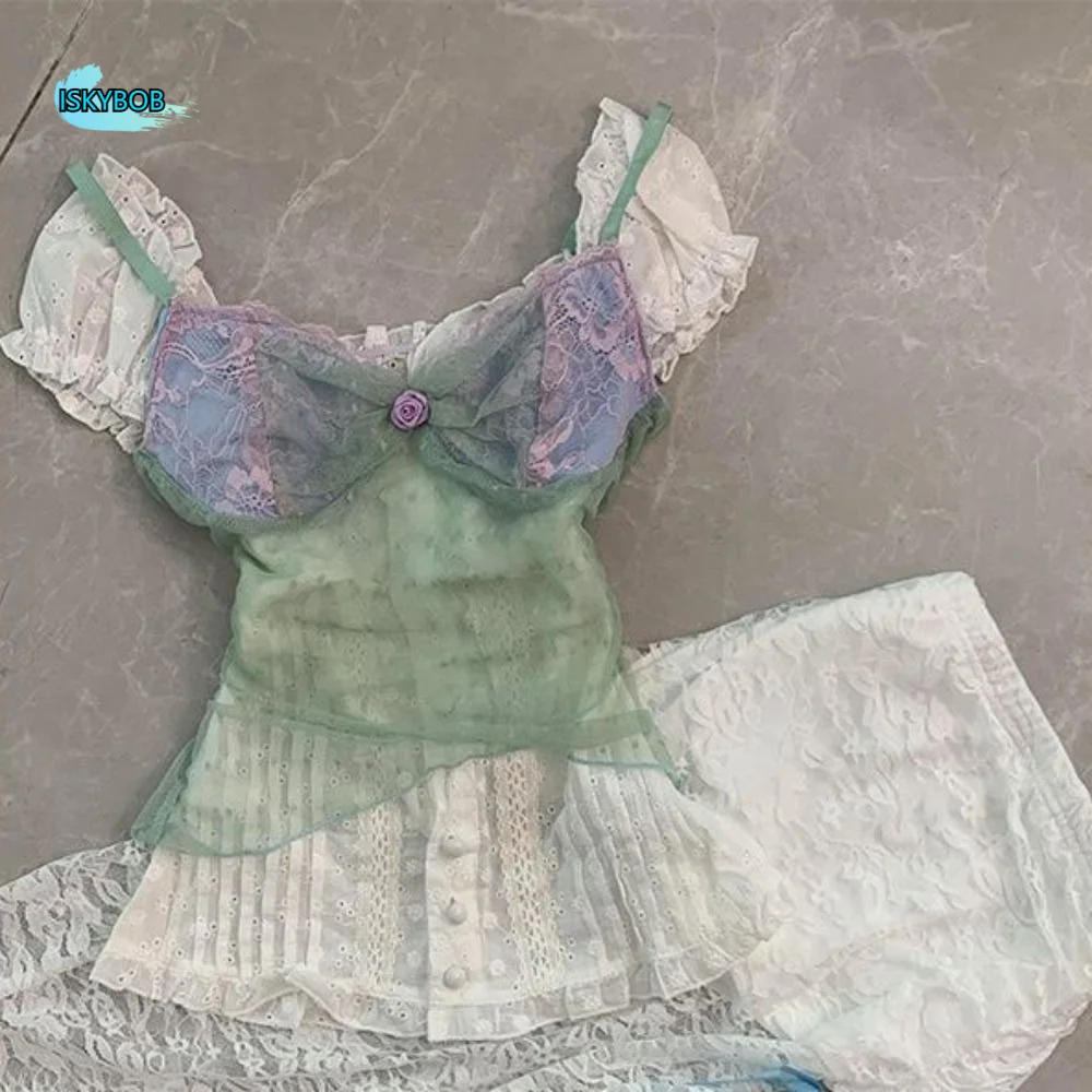 

Korean Style Spicy Girl Style Mesh Camisole Slim Fit Cross Hem Dots Hollow Vest Transparent Streetwear Tube Tops Club