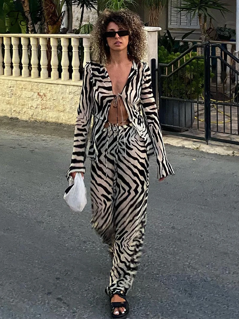 

STYLISH LADY Striped Printed Mesh 2 Piece Set Women Lace Up Shirt and Pant Suits 2025 Autumn Hollow Out Sexy Club Party Outfits