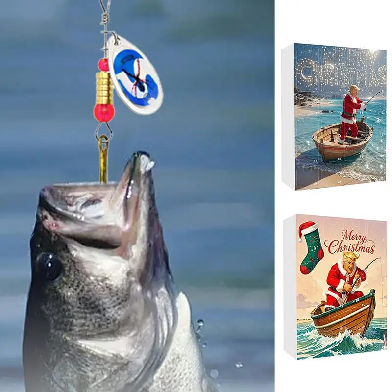 Calendario dell'Avvento di Natale 2024 Calendario per il conto alla rovescia per la pesca di Natale da 24 giorni Kit di esche da pesca miste Custodia per calendario Regali