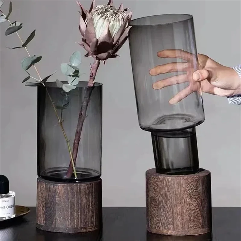 Simples Vaso De Vidro Transparente, Europeu Hidropônico Planta, Base De Madeira, Vaso, Arranjo De Flores, Sala De Estar Mesa, Decoração De Casa