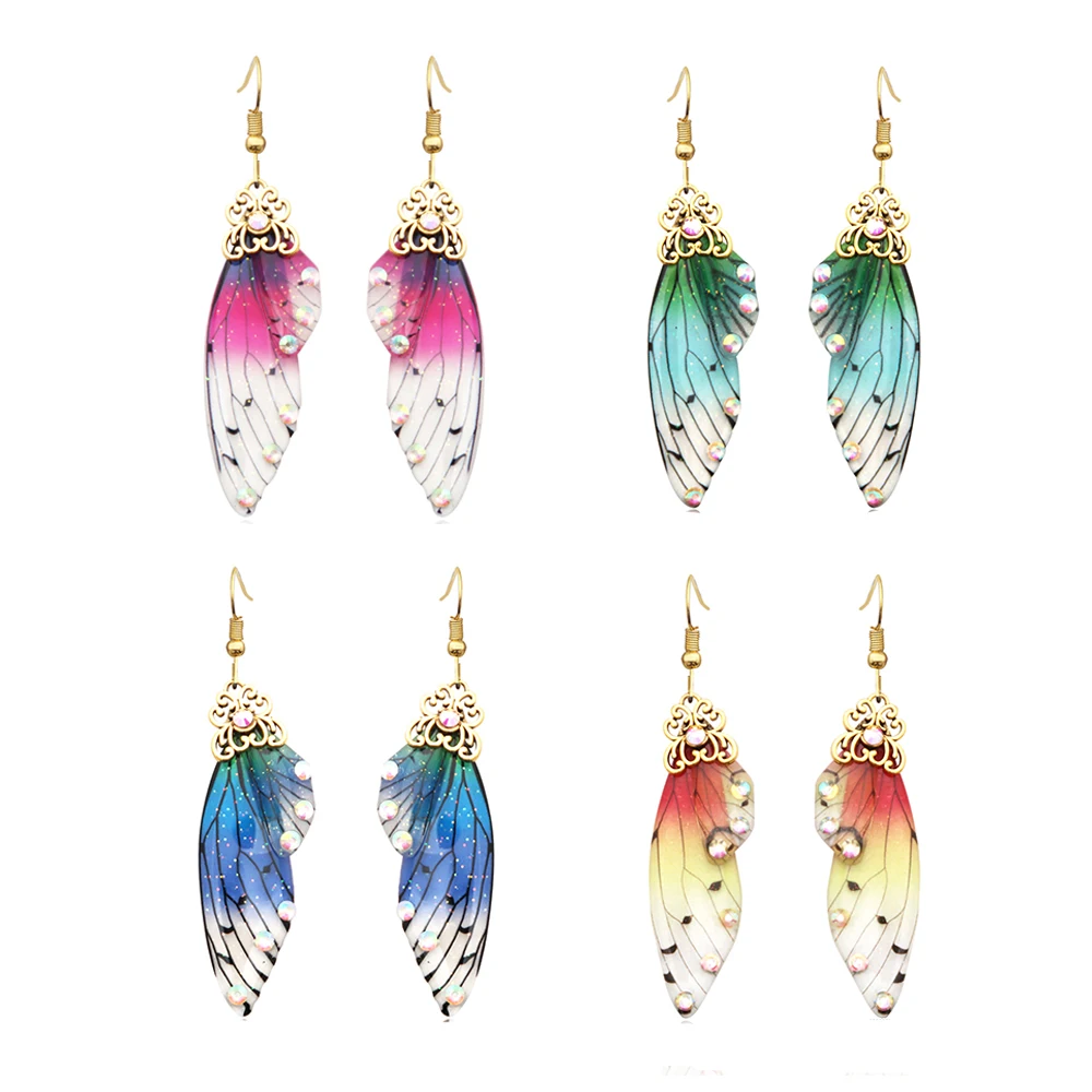 Fashion Fairy Wing Earrings Rainbow Gradient Resin Butterfly Wing Simulation Insect Dangle Earrings For Women Trendy Jewelry