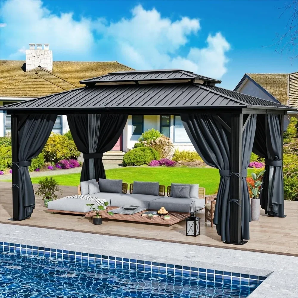 

Hardtop Gazebo with Heavy Duty Galvanized Steel Double Roof, Flame-Resistant Curtains, Outdoor Gazebo Permanent Gazebo 10x12