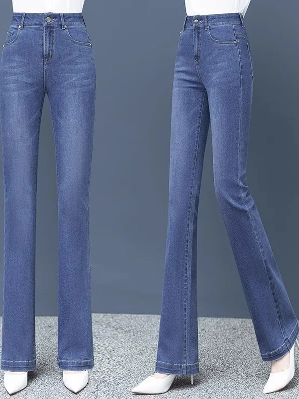 Women's Micro Flared Jeans High Waist Slim Fit Casual Style Four Seasons Suitable High Waist Denim Pants with Pockets