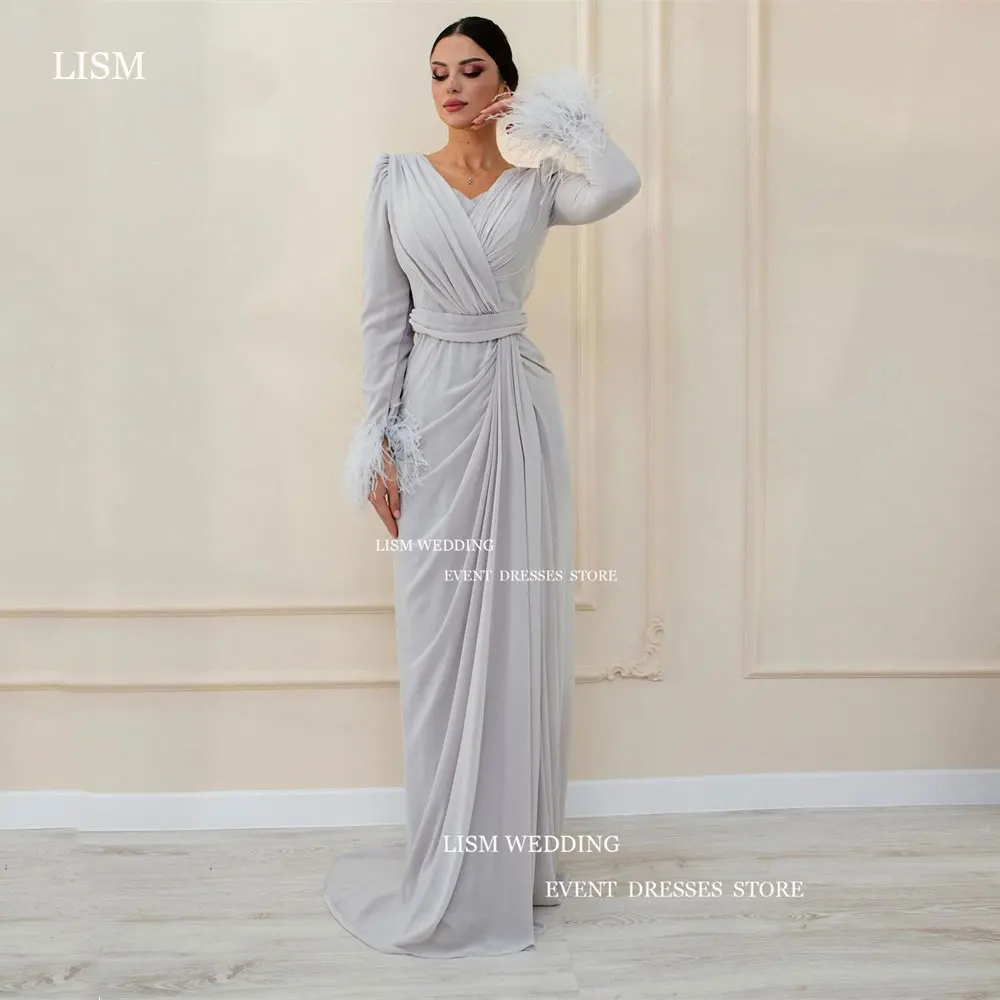 

LISM Vintage Modest Light Blue Chiffon Formal Evening Dresses Dubai Arabic Feathers Long Sleeves Pleats Occasion Prom Gowns