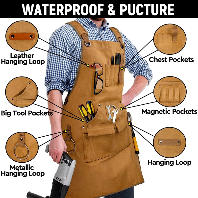 Durable Work Apron with Tool Pockets Heavy Duty Unisex Canvas Adjustable Cross-Back Strap For Woodworking Carpenter Painting BBQ