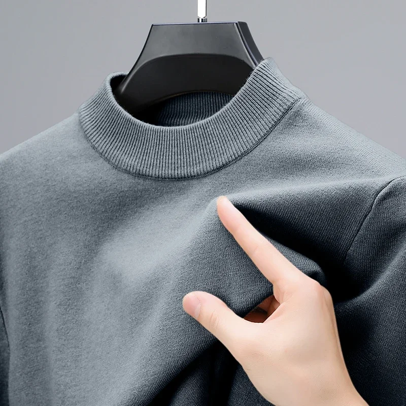 Sweter Rajut Setengah Turtleneck Kaus Leher Tiruan Musim Gugur/Musim Dingin Baru Pulover Warna Solid Pakaian Pria Kasual Merek Pria