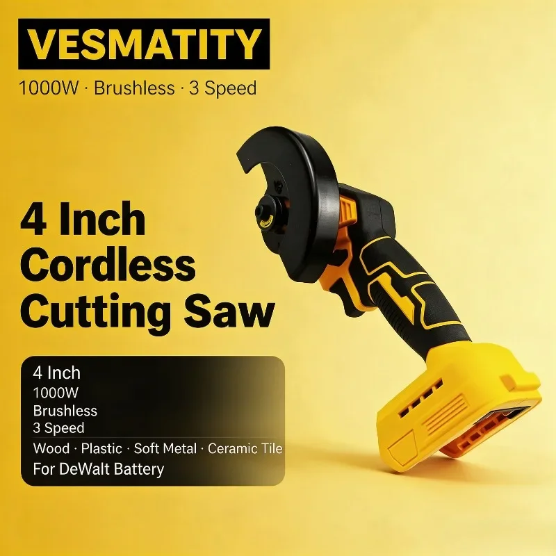 4 Inch Cordless Cut Off Saw Grinding Machine 1000W Brushless 3 Speed Wood Plastic Soft Metal Ceramic Tile For Dewalt Battery