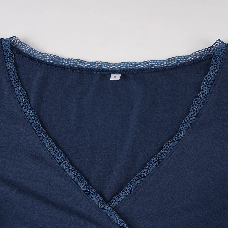 SUCHCUTE Spitzenbesatz Patchwork Tief ausgeschnittenes V-Ausschnitt A-Linien-T-Shirt Sexy Langarm-T-Shirt für Damen Y2k Streetwear Basic Casual Top Frühling – Detail 5