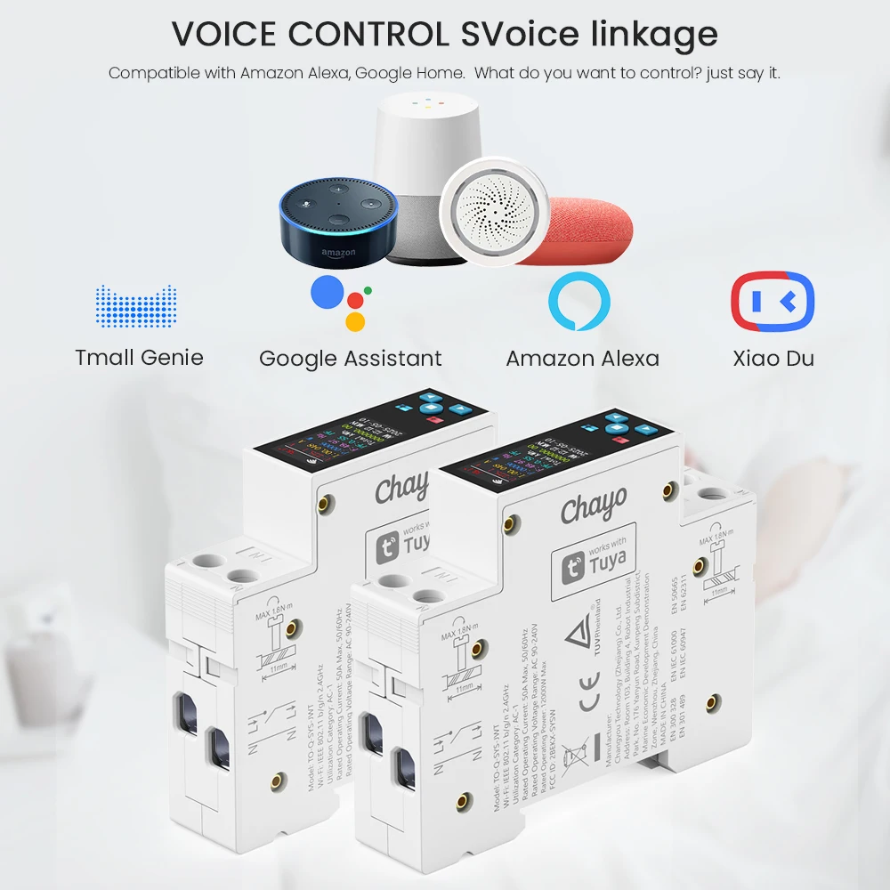 1P 50A Tuya WIFI Smart Switch Circuit Breaker LED Energy Meter KWh Power Metering Timer Relay Remote Control Smart Life APP