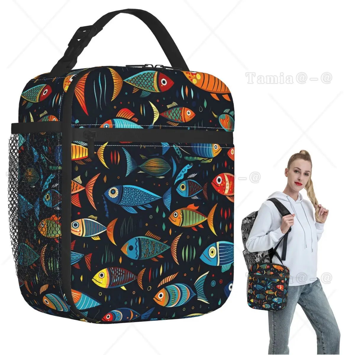 Cartoon Abstract Fish Variety Illustrated Catalog Insulated Lunch Bag for Women Kids Leakproof Food Boxes Thermal Lunch Box Tote