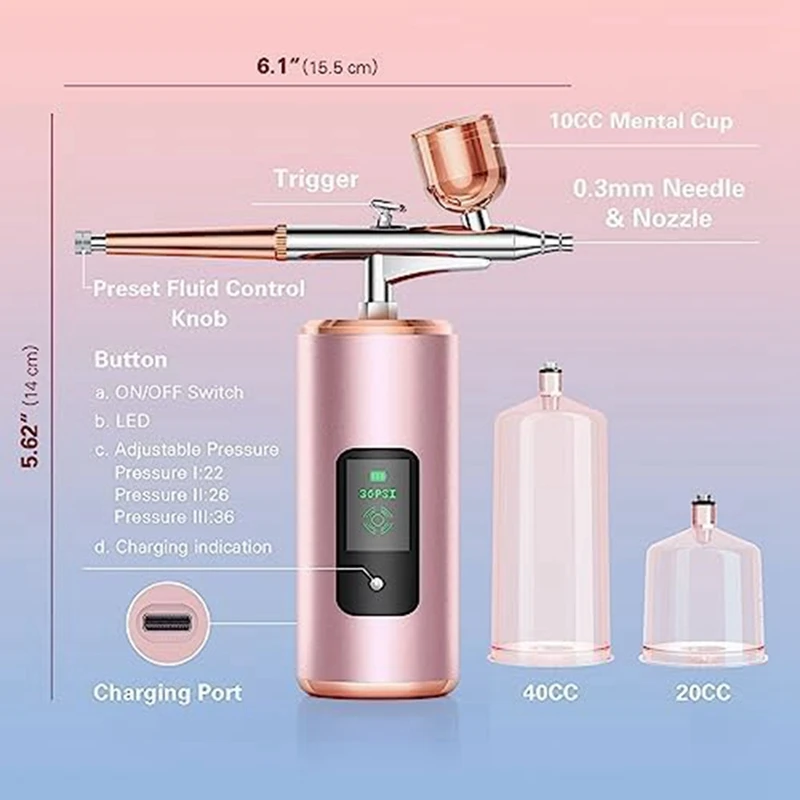 Kit Aerógrafo sem fio com Compressor, Airbrush portátil de alta pressão para Manicure, Set Display LED, 36 PI