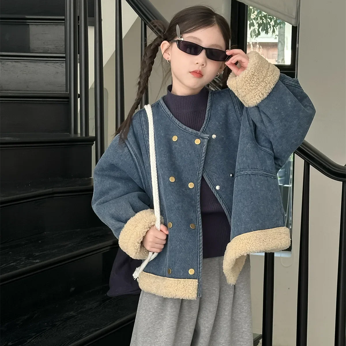 

Girls' Denim Jacket 2024 Winter New Korean Style Fashionable Top Casual Double Breasted Thick Jacket