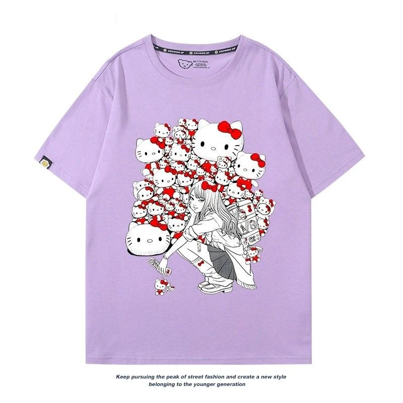 New  Hello Kitty Junji Ito Tomie T-shirts Cute Pattern Printing Retro Trendy Pure Cotton Anime Men and Women Short Sleeve