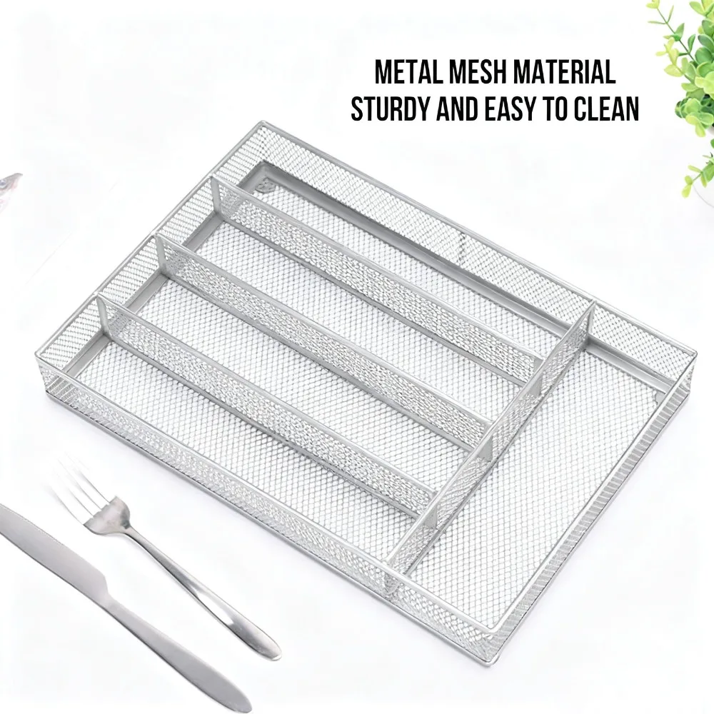 Sturdy 5 Compartments Drawer Organizer Carbon Steel Silver Cutlery Tray Flatware Storage Divider For Stationery