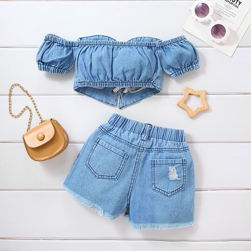 Summer Baby Girl\'s Off The Shoulder Short Sleeved Lace Up Strapless Denim Distressed Top+Shorts Set