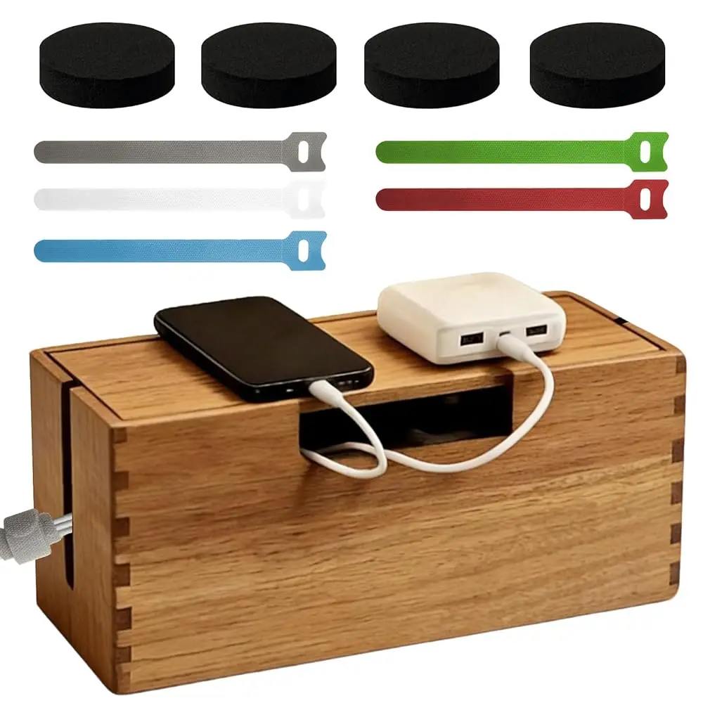 

Коробка для организации кабелей из акации, деревянный органайзер для скрытия проводов, для удлинителей, хранения кабелей на столе/полу/под телевизором, подстольный органайзер для кабелей