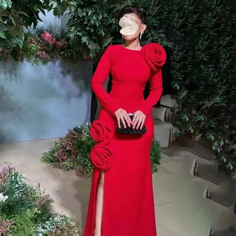 Red Prom Dresses Slit High Neck Hand Flowers Elegant Evening Gowns  Long Sleeve Crepe Formal Occasion Wedding Party Dresses