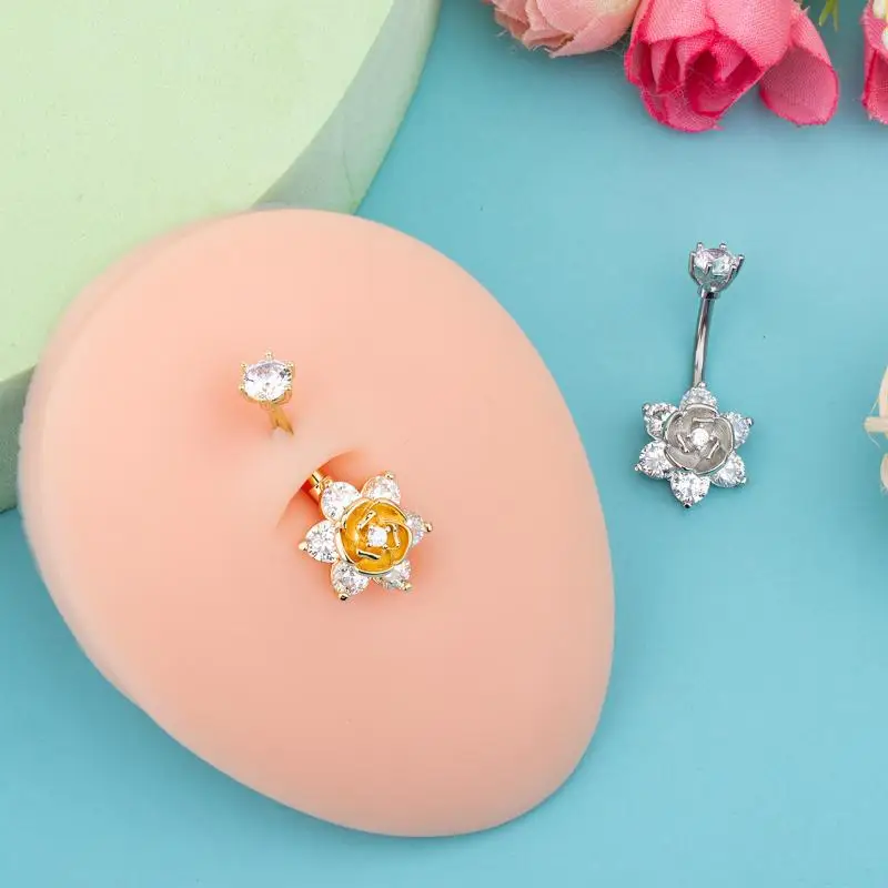 Inner Threaded Belly Button Ring Rose Zirconia Inlaid Stainless Steel Hypoallergenic Navel Jewelry for Dating