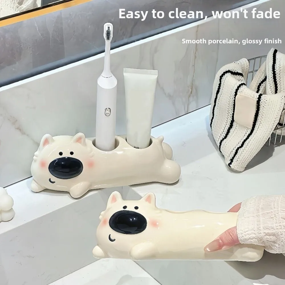 Ceramic Puppy Toothbrush Holder 2 Slot Cartoon Toothbrush Storage Rack Waterproof Cute Toothpaste Toothbrush Rack Washstand