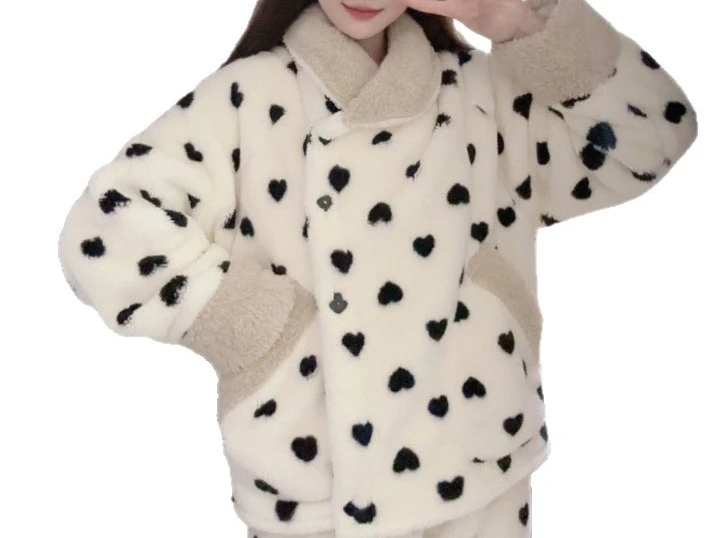 2026 New Cute Thickened and Velvet Warm Casual Pajamas for Women with Lapel Outer Wear Korean Version Sweet Internet Celebrity