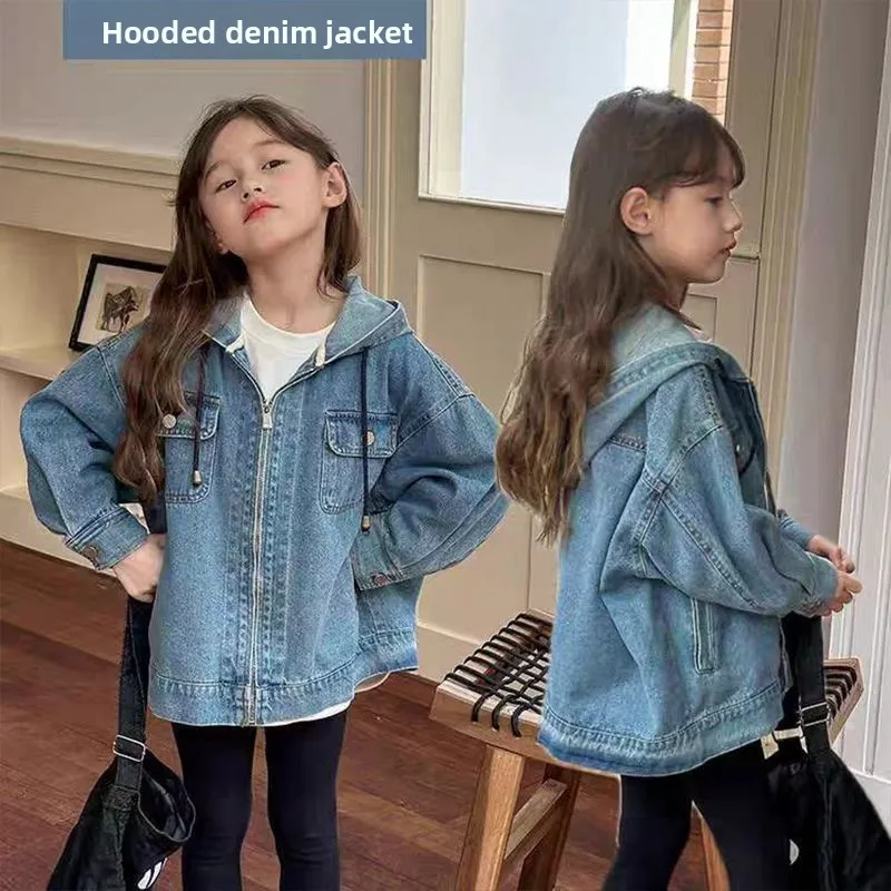 

Children's New Denim Clothes Medium and Older Children's Casual Tops Girls' Fashionable Spring and Autumn Hooded Jackets