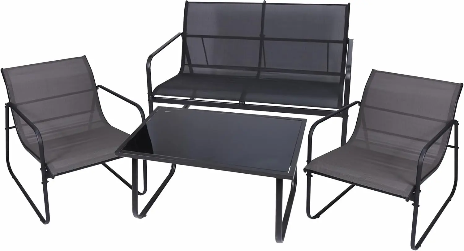 Graues Gartenmöbel set: 1 Bank, 2 Stühle, 1 Glas tisch. Perfekt für Balkon, Terrasse oder Sitz