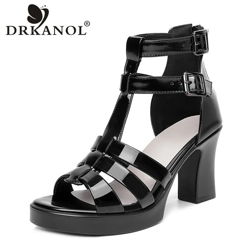 DRKANOL Luxury Design Gladiator Sandals For Women High Heel Buckle Strap Open Toe Sandals Ladies Split Leather Sexy Roman Shoes