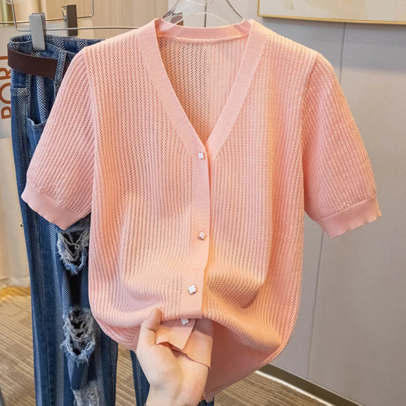 2024 Summer Casual Knitwears Pink Short Sleeve Cardigans For Woman Hollow Out Knitted Tops V Neck Sweater Female Womens Clothing