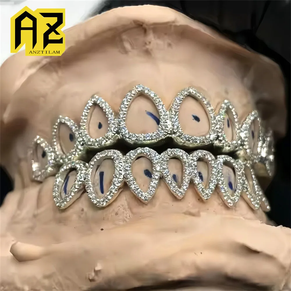 Anztilam Hollow Out Heart Iced Out Grillz Full Zircon Teeth Shine Grills Men Women Hip Hop Tooth Grills Caps Brass Jewelry