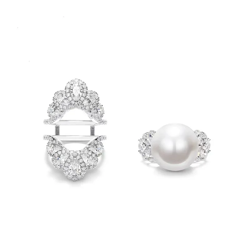 A two-stone artificial mother-of-pearl and 925 silver ring for ladies, featuring luxurious and fashionable design for parties, a