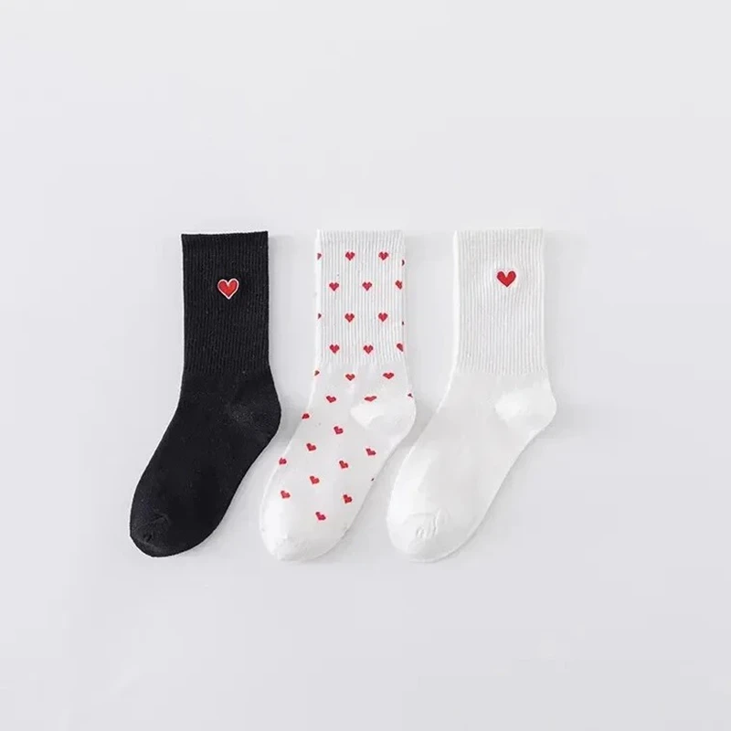 3 Pairs Women's Socks Set Japanese Breath Comfort High Quality Cotton Socks For Girl Heart Embroidery Simple Kawaii Cute Sweet