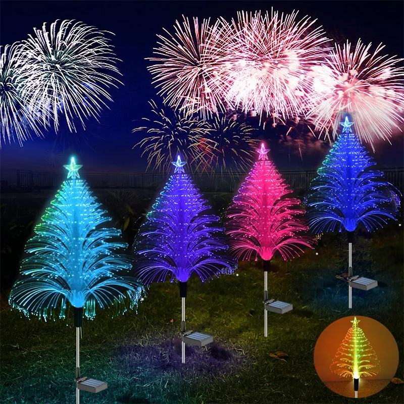 Zonne-Energie Kerstboom Sterrelampen Aangedreven Pad Licht Fiber Optic Gazon Vloerlamp Buiten Tuin Feest Festival Park Decor