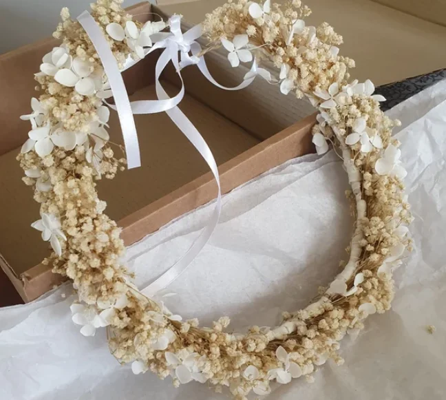 Handmade Preserved White Gypsophila Hydrangea Bridal Boho Crown, Wedding Flower Girl Crown, Children\'s Birthday Decorations