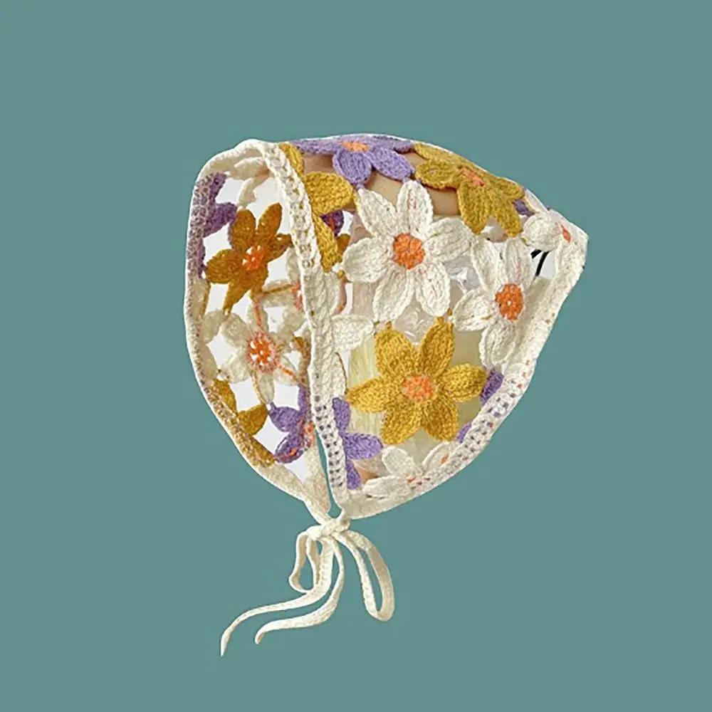 Cute French Pastoral Style Triangle Headband Knitted Handmade Crochet Headscarf Hat Little Flower Headband Towel Girls