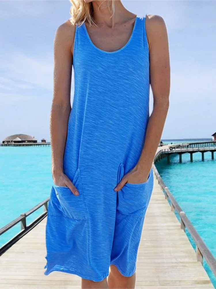 2025 Summer Casual Mini Dress Women Fashion Elegant Solid Color Beach Party Vestidos Pocket Female Loose Sleeveless Vest Dresses