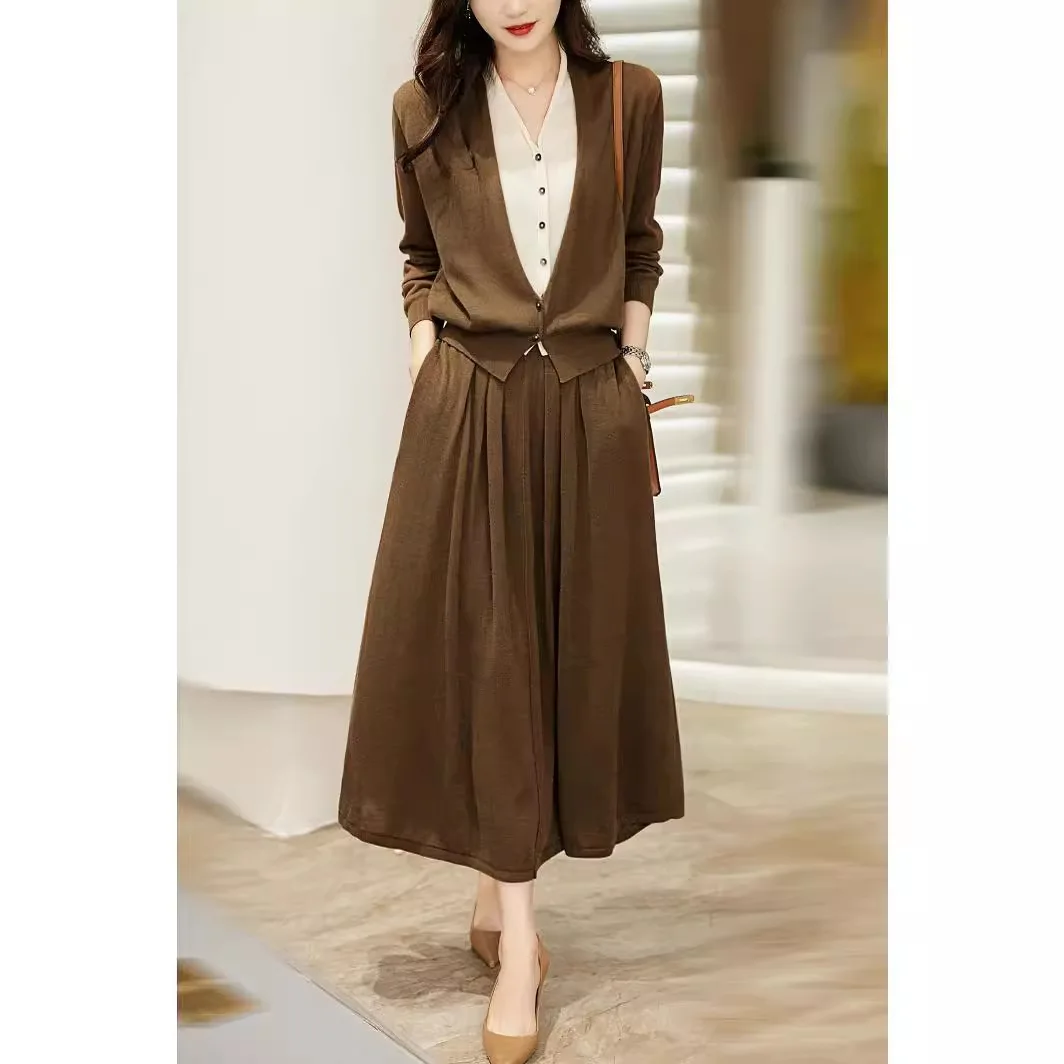 

Женский костюм с юбкой, вязаный комплект из 2 предметов, кардиган, длинные юбки, вязаное пальто, ансамбль, офисный женский осенне-зимний трикотаж, наряды