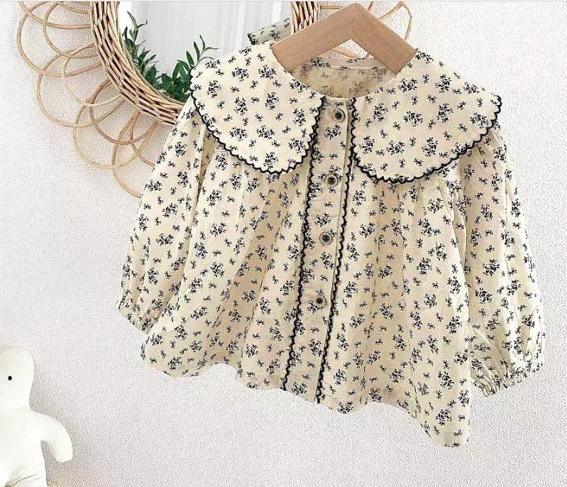 Blouse Long Sleeve Print Turn Down Collar New Fashion Casual Sweet Cute Lovely Beautiful Spring Autumn Children Kids for Girls