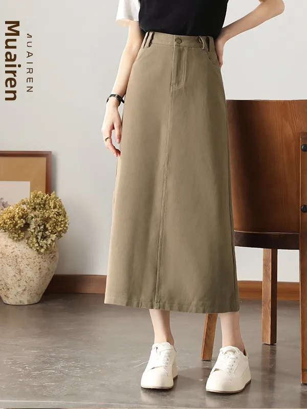 Khaki High Waist A-Line Midi Straight Skirt Women's New Style Casual Cotton Half-length Skirts Spring 2024 Fashion