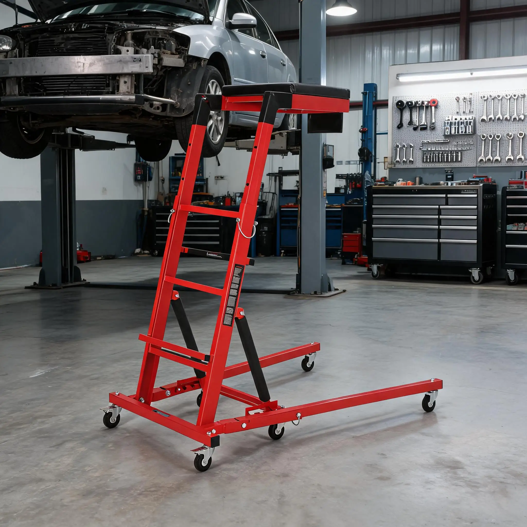 Heavy Duty Topside Automotive Creeper 400 lbs Capacity 9 Level Adjustable Height 42.5 68 Collapsible with 6 Swivel Casters 2 Inch Thick Cushion Tool Pouch Tray