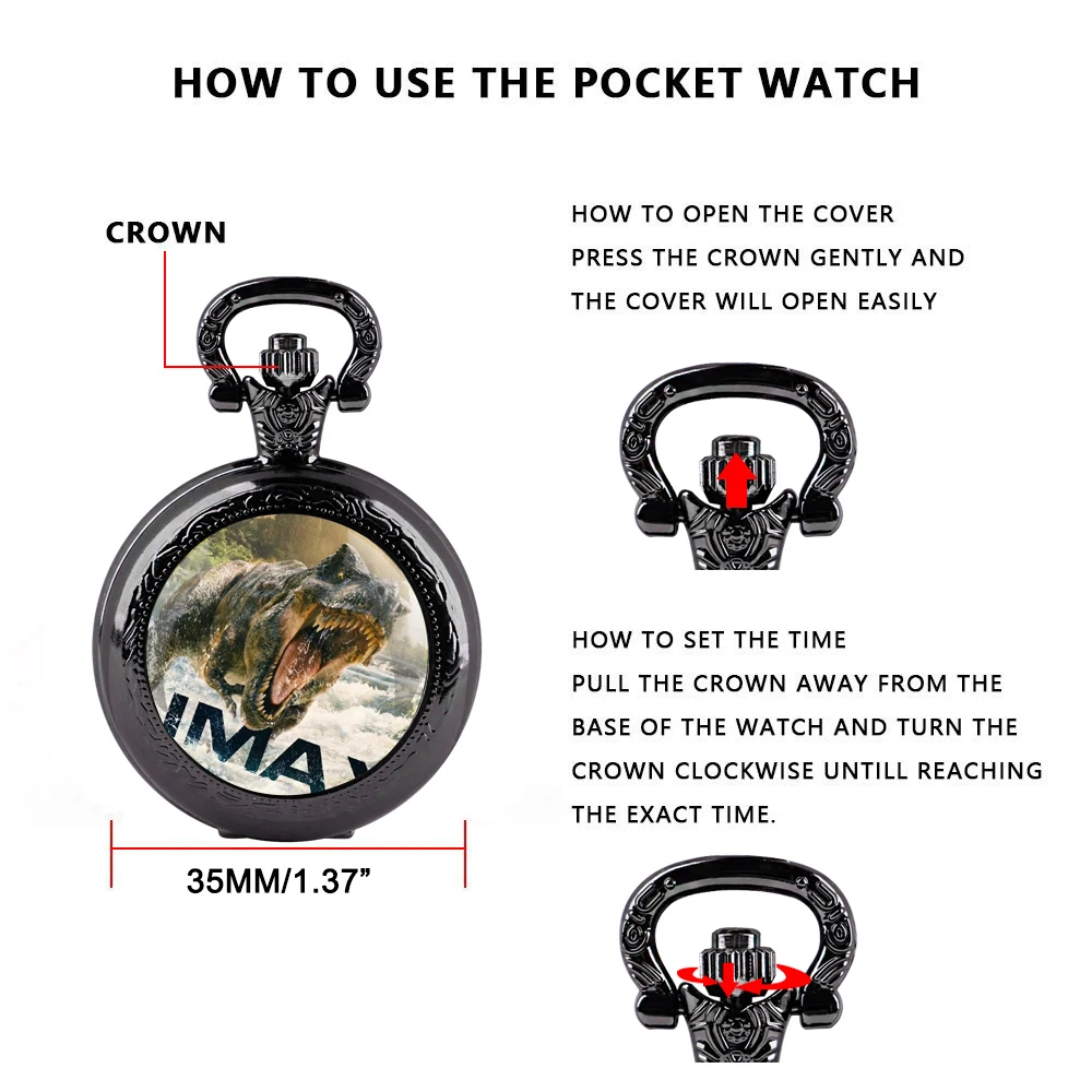 Dinosaur Glass Dome Quartz Pocket Watch With Durable Chain Arabic Numeral Dial Halloween Gifts for Men Women Kids