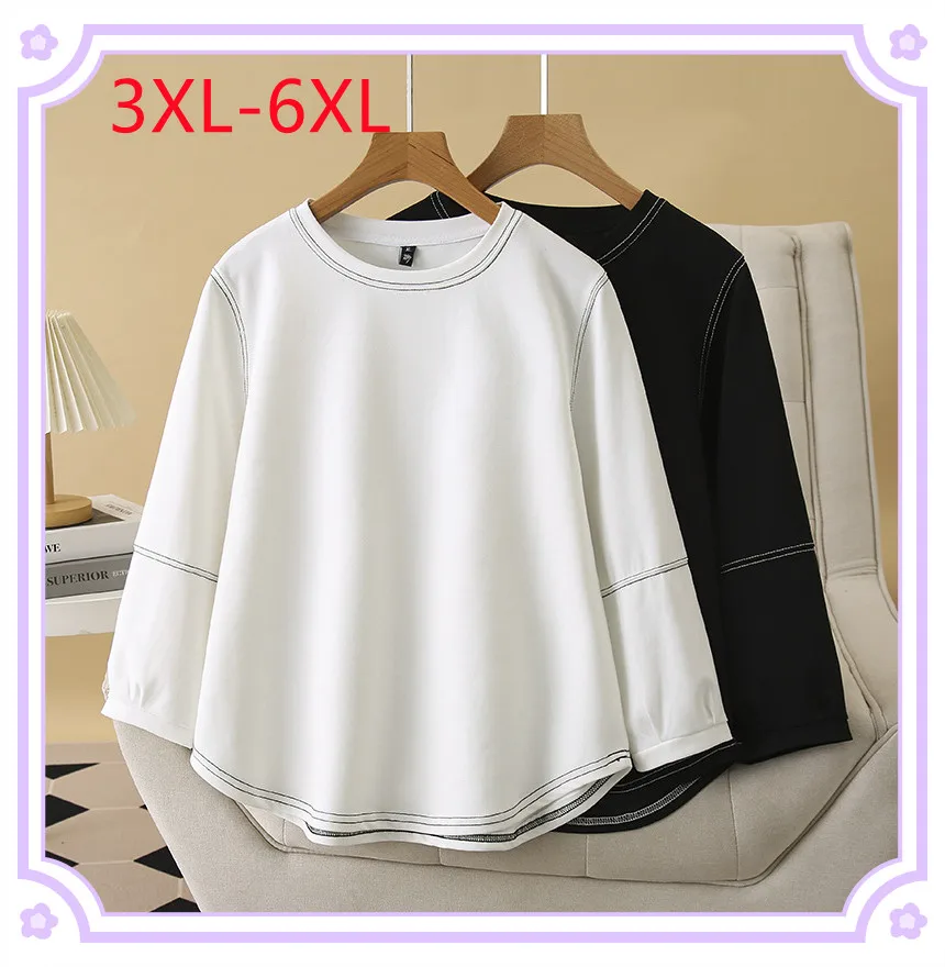 

New 2025 Ladies Spring Autumn Plus Size Tops For Women Large Size Long Sleeve O-neck T-shirt 3XL 4XL 5XL 6XL