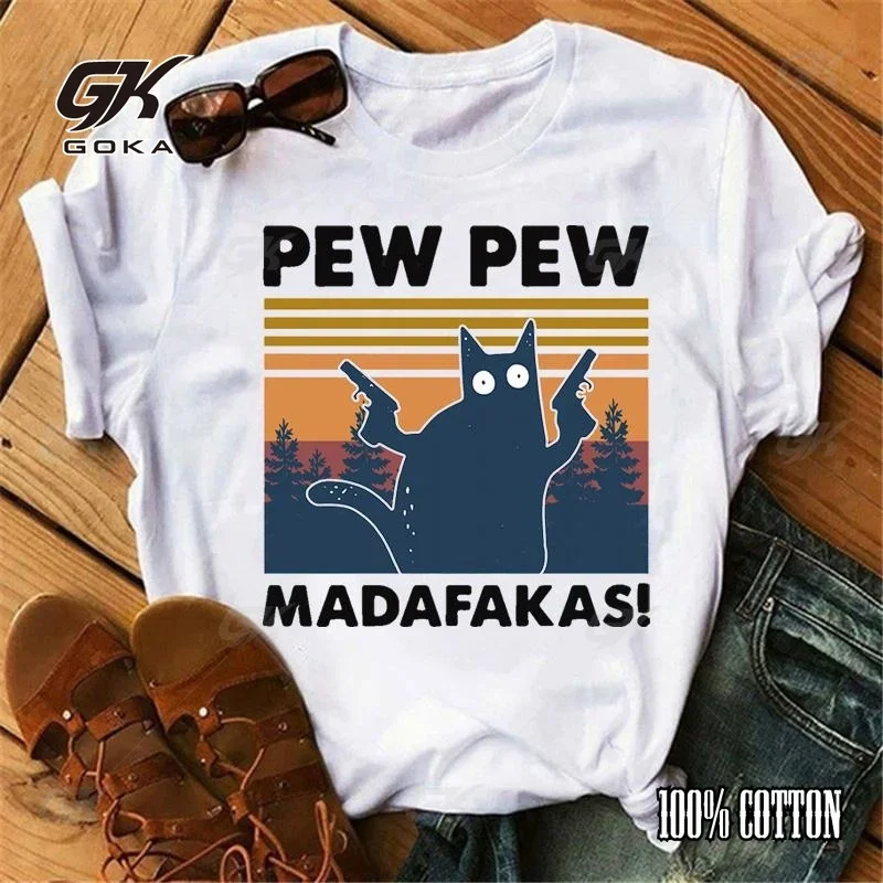 New Pew Pew Madafakas T Shirt Novelty Funny Cat Vintage Crew Neck Men'S T-Shirt Funny Shirt